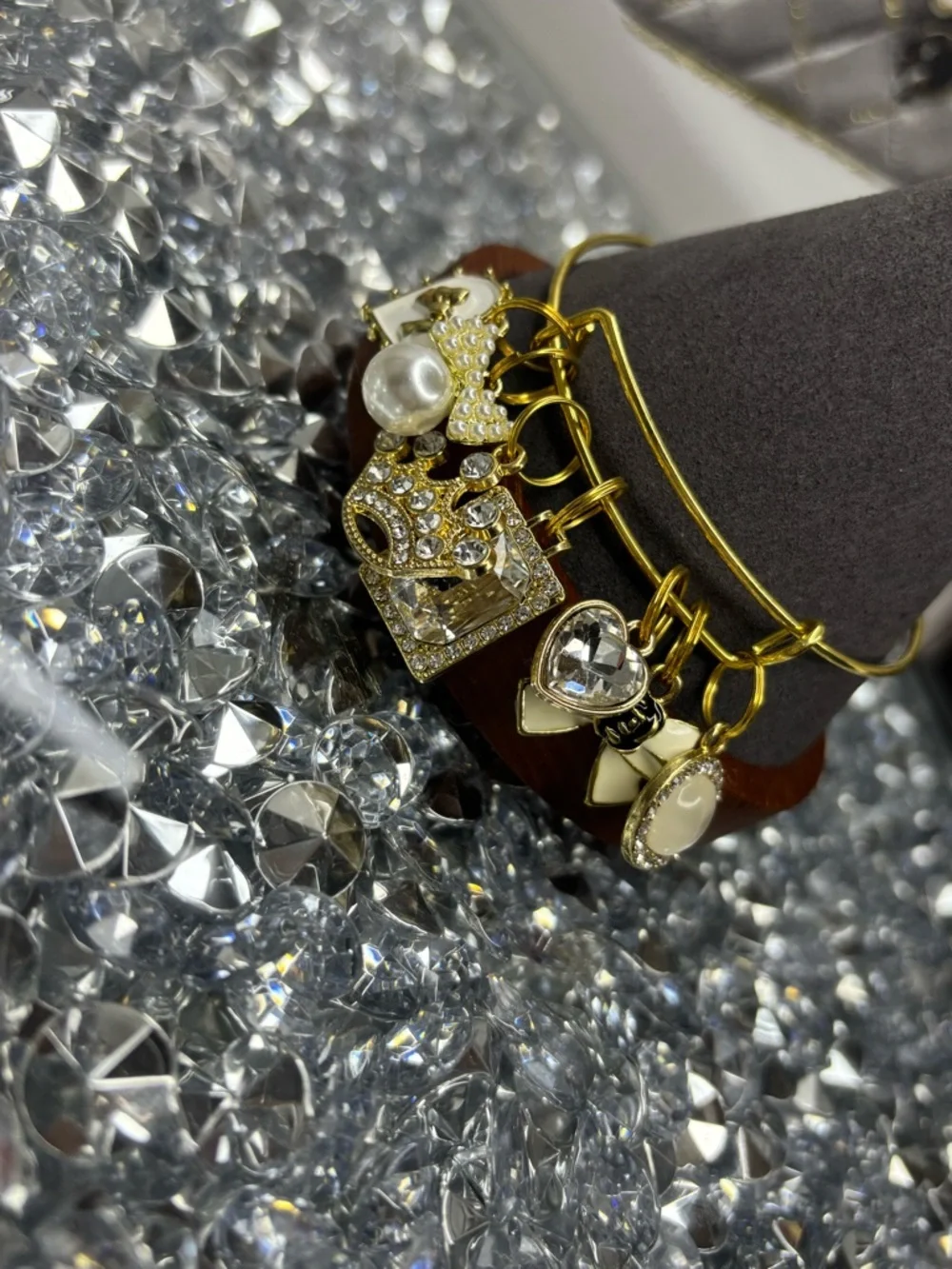 Gold Tone Charm Bangle Bracelet with Crystal & Pearl Accents - Picture 4 of 7